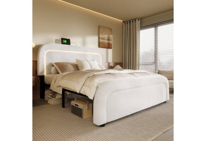 MODFU Polsterbett mit LED-Beleuchtung & USB Typ-C Ladefunktion, im Retro-Design (170x208x102.5-112.5cm(BxLxH),Ohne Matratze, mit Kunst-Sherpa-Bezug), Stauraum durch 21 cm Bodenfreiheit von MODFU