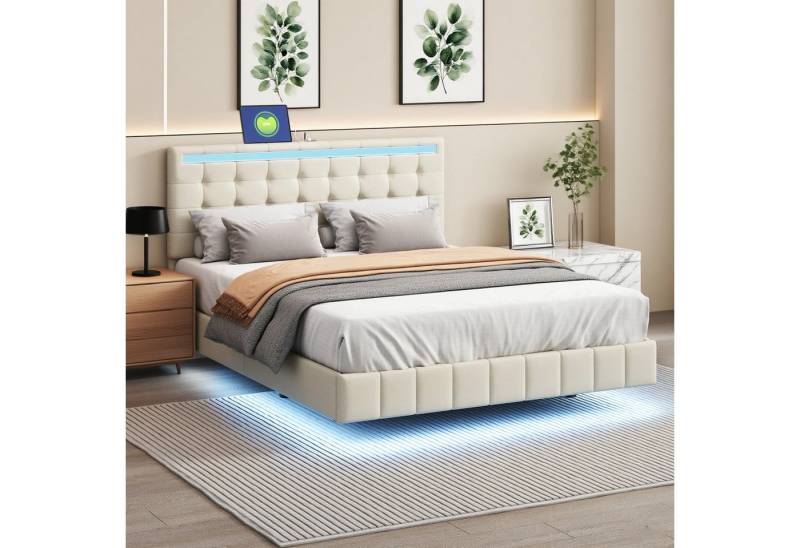 MODFU Polsterbett mit LED-Beleuchtung & gepolstertem Kopfteil (Doppelbett mit Leinenbezug, 160x200 cm Schwebendes Funktionsbett), Inklusive Matratze von MODFU