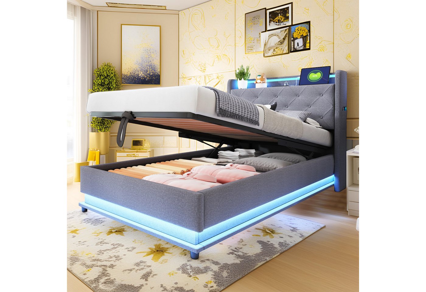 MODFU Polsterbett mit LED-Farbwechsel (Stauraumbett mit USB & Type-C-Anschluss, hydraulischem Stauraum & aufklappbarem Kopfteil, Kinderbett aus Leinenstoff 90x200cm), Mit Matratze von MODFU
