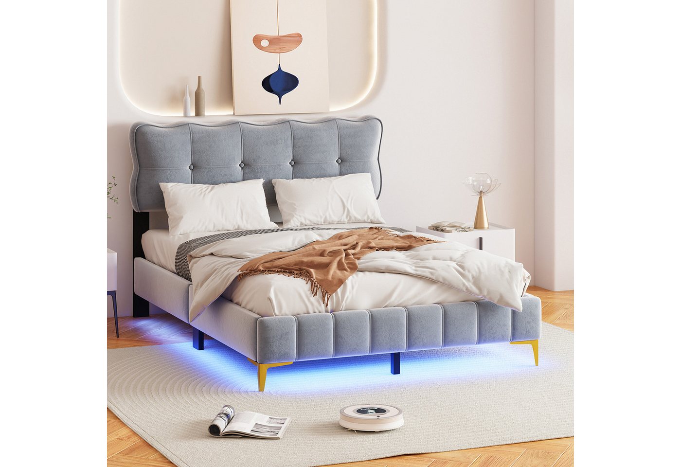 MODFU Polsterbett mit LED-Leuchten mit Rückenlehne, Samtstoff hohe Metallfüße (Doppelbett mit Lattenrost 140 x 200 cm), ohne Matratze von MODFU