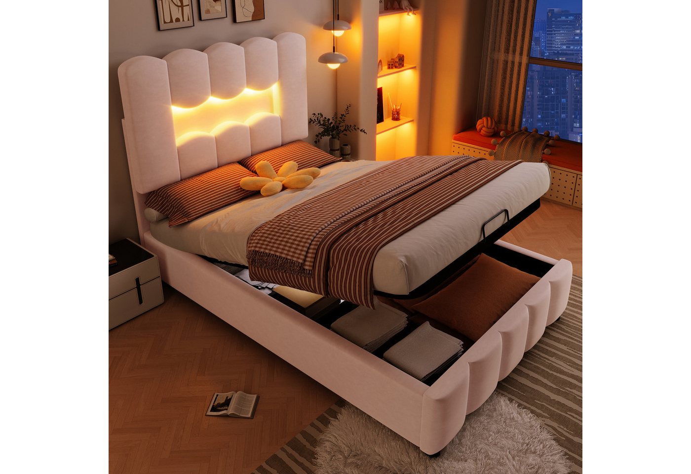 MODFU Polsterbett mit LED-Licht (Kinderbett mit hydraulischem Bettkasten & verstellbarem Kopfteil, Einzelbett, Samt 90x200 cm), Inklusive Matratze von MODFU