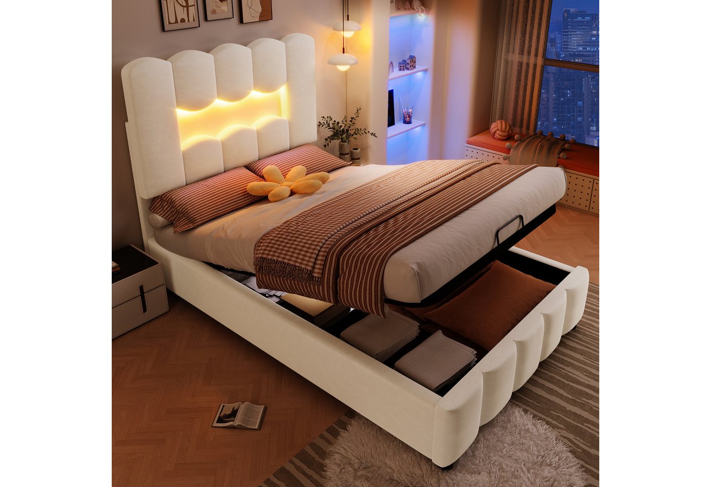 MODFU Polsterbett mit LED-Licht (Kinderbett mit hydraulischem Bettkasten & verstellbarem Kopfteil, Einzelbett, Samt 90x200 cm), ohne Matratze von MODFU