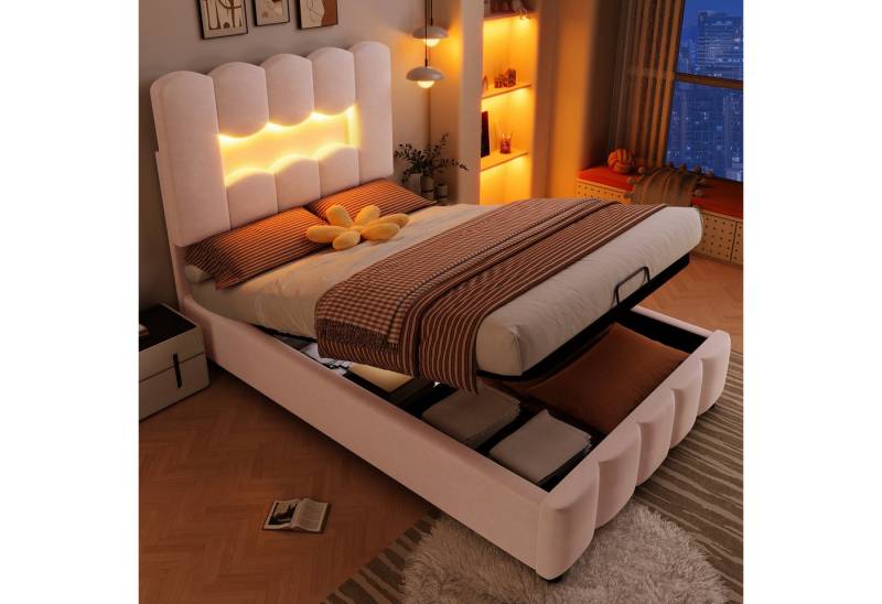 MODFU Polsterbett mit LED-Licht (Kinderbett mit hydraulischem Bettkasten & verstellbarem Kopfteil, Einzelbett, Samt 90x200 cm), ohne Matratze von MODFU