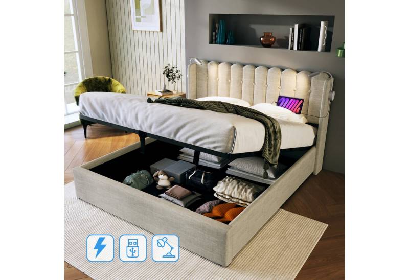 MODFU Polsterbett mit Leselampe USB Ladefunktion (145x206x103cm,Ohne Matratze, Massivholzlatten & Metallrahmen), mit Stauraum Gasdruckfeder von MODFU