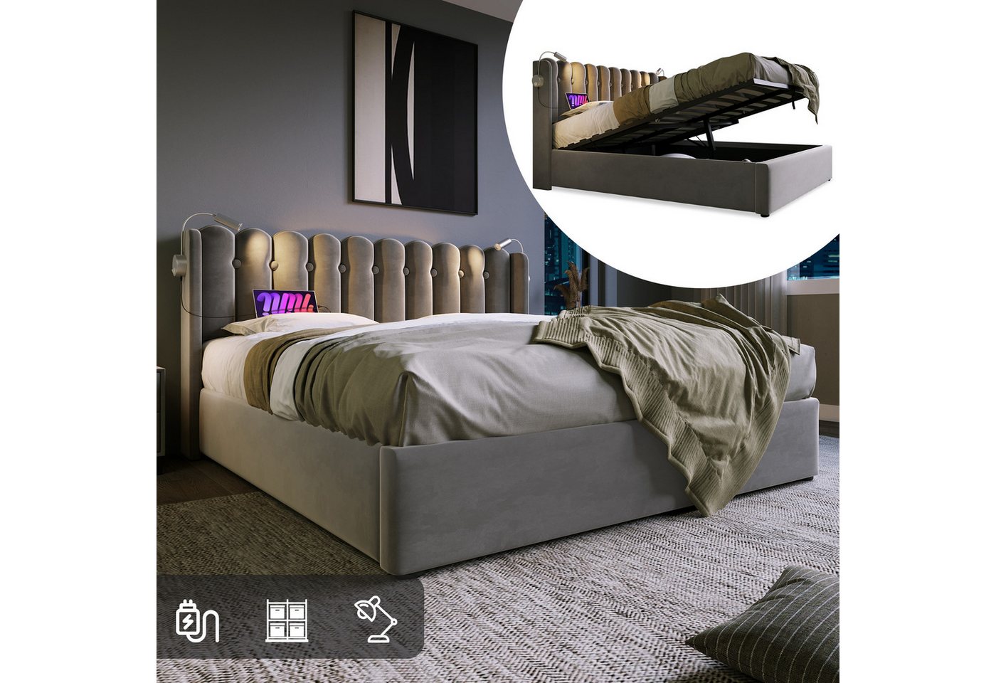 MODFU Polsterbett mit Leselampe USB Ladefunktion (165x206x103cm,Ohne Matratze, Massivholzlatten & Metallrahmen), mit Stauraum Gasdruckfeder von MODFU