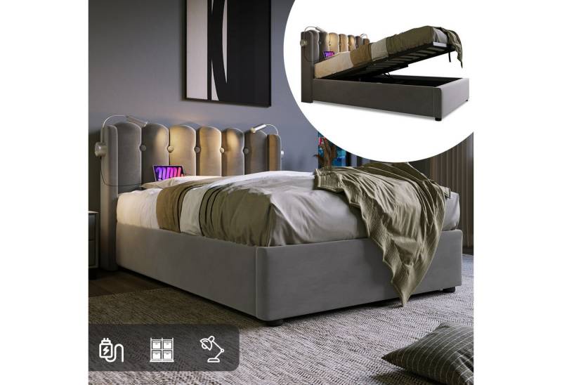 MODFU Polsterbett mit Leselampe USB Ladefunktion (95x206x103cm,Ohne Matratze, Massivholzlatten & Metallrahmen), mit Stauraum Gasdruckfeder von MODFU