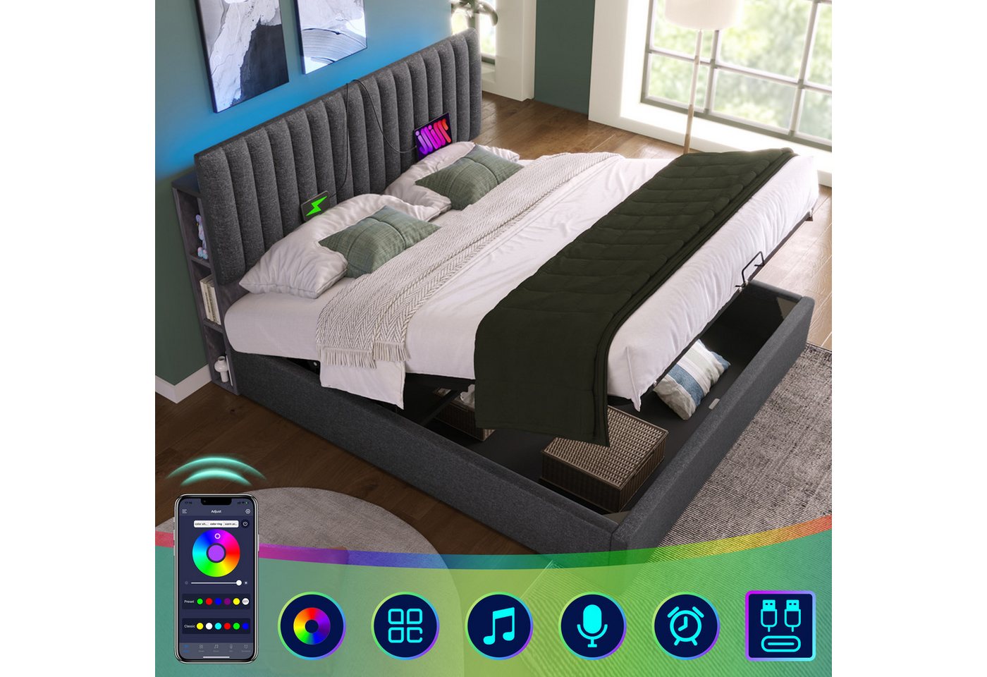 MODFU Polsterbett mit RGB App-Control Beleuchtung, Stauraum im Kopfteil (161x213x94-106(BxLxH),Ohne-Matratze, Ablagefächern im Kunstmarmor-Design), Metallrahmen und Massivholzlatten von MODFU