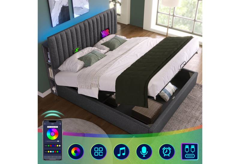 MODFU Polsterbett mit RGB App-Control Beleuchtung, Stauraum im Kopfteil (161x213x94-106(BxLxH),Ohne-Matratze, Ablagefächern im Kunstmarmor-Design), Metallrahmen und Massivholzlatten von MODFU