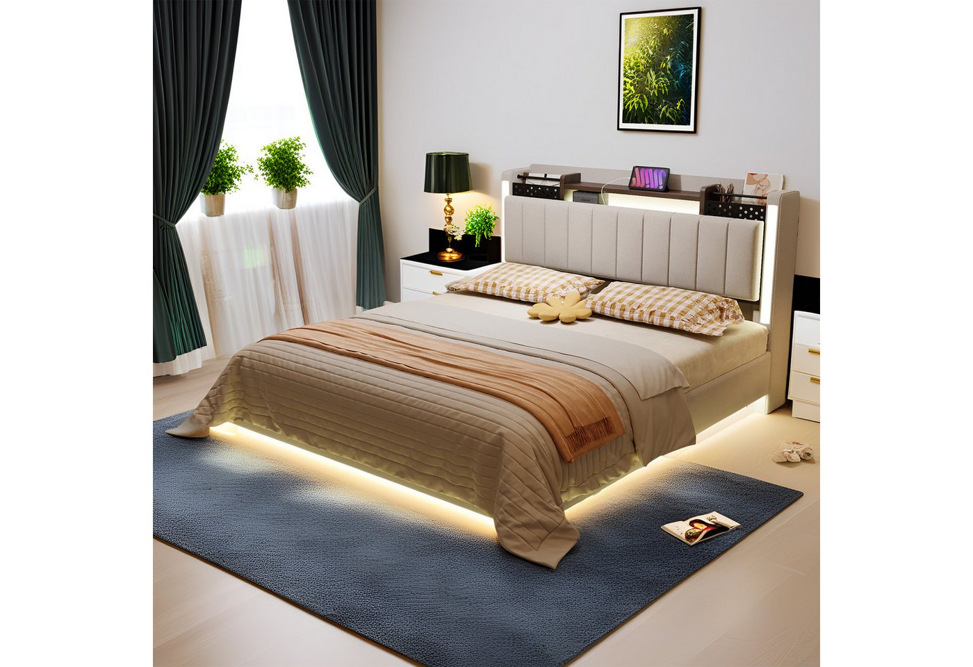 MODFU Polsterbett mit Stauraum-Kopfteil und LED-Beleuchtung (Funktionsbett mit USB-Anschlüsse integriert, Leinenstoff, 140x200 cm), Inklusive Matratze von MODFU