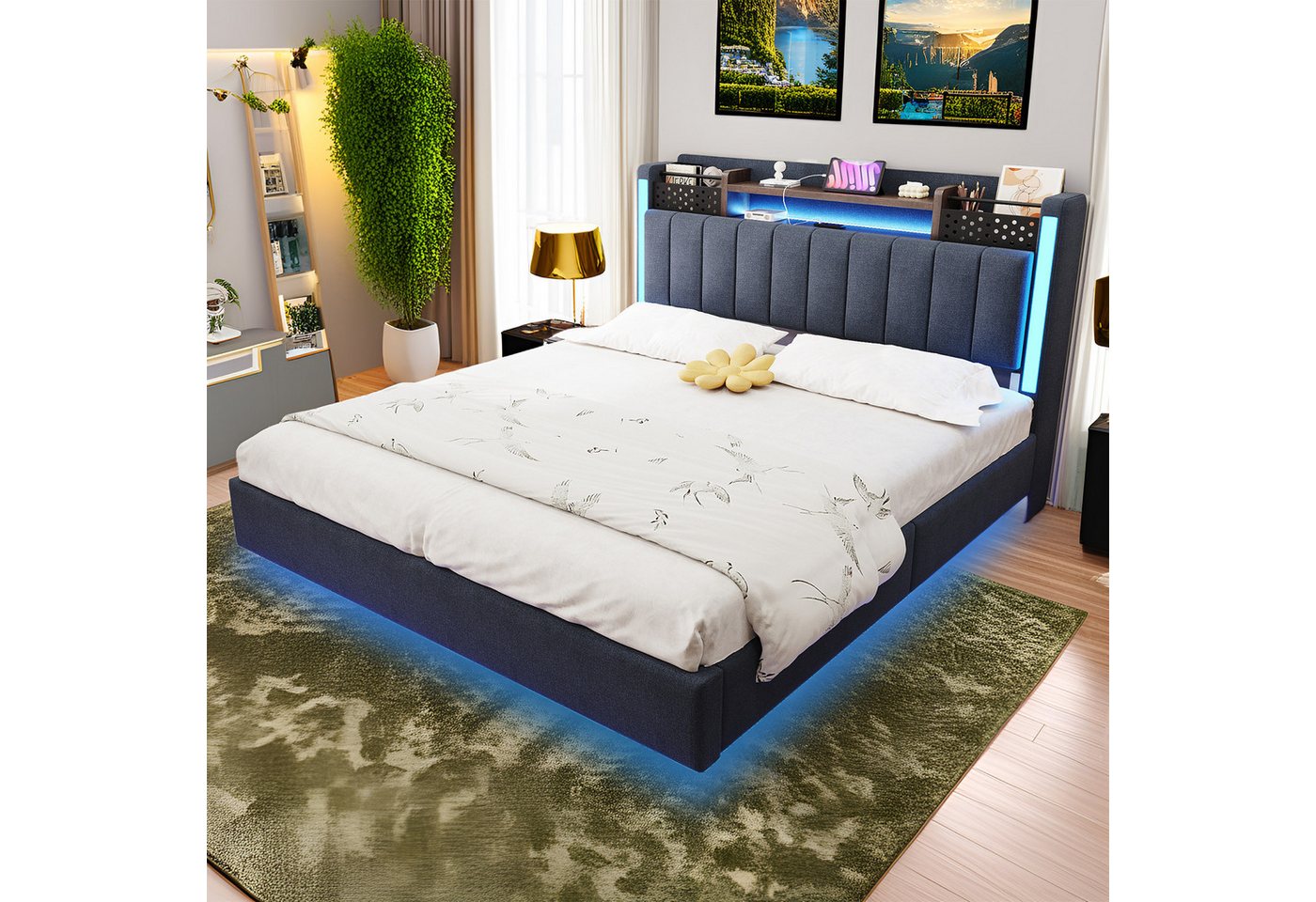 MODFU Polsterbett mit Stauraum-Kopfteil und LED-Beleuchtung (Funktionsbett mit USB-Anschlüsse integriert, Leinenstoff, 140x200 cm), Inklusive Matratze von MODFU