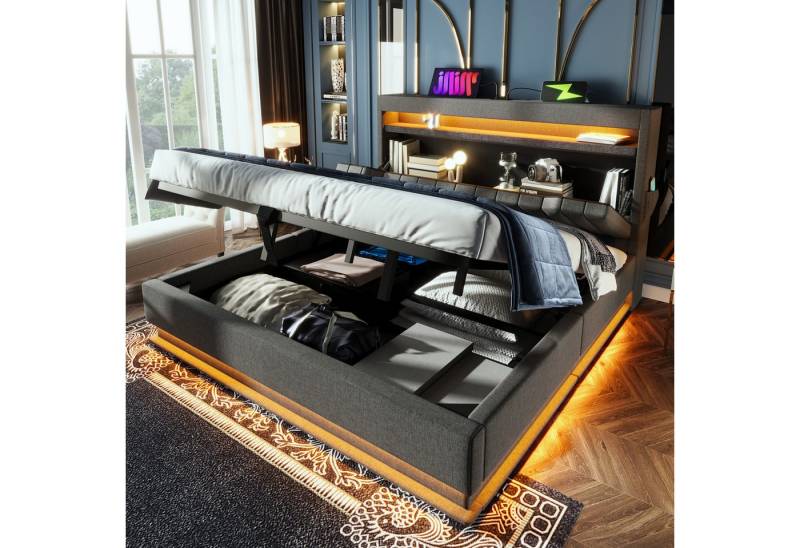 MODFU Polsterbett mit Stauraum LED Beleuchtung Ladefunktion (Struraumbett, Funktionsbett, 140x200 cm, ohne Matratze, Beige), mit USB- und Typ-C-Anschlüssen, LED-Beleuchtung von MODFU