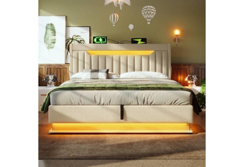 MODFU Polsterbett mit Stauraum LED Beleuchtung Ladefunktion (Struraumbett, Funktionsbett, 160x200 cm, mit Matratze (Dicke25cm), Beige), mit USB- und Typ-C-Anschlüssen, LED-Beleuchtung von MODFU