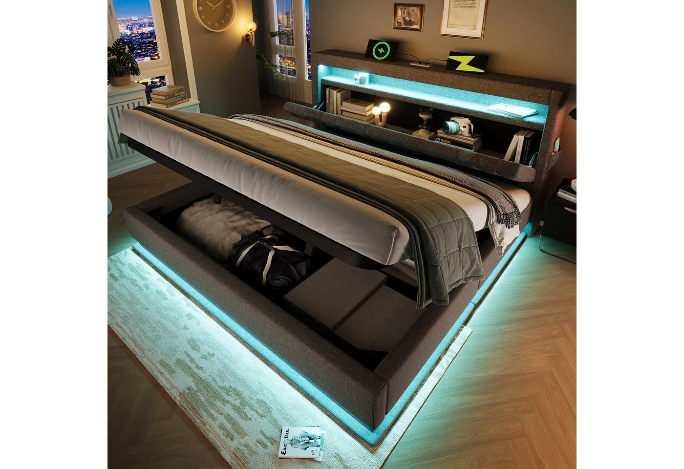 MODFU Polsterbett mit Stauraum LED Beleuchtung Ladefunktion (Struraumbett, Funktionsbett, 160x200 cm, mit Matratze (H25cm), Grau), mit USB- und Typ-C-Anschlüssen, LED-Beleuchtung von MODFU
