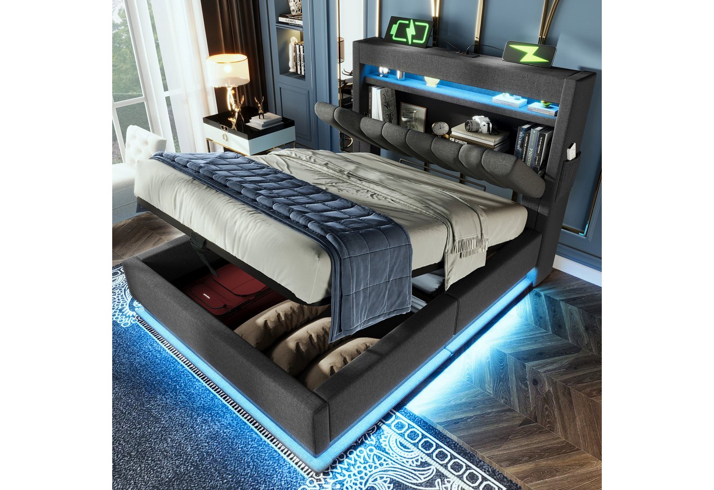 MODFU Polsterbett mit Stauraum LED Beleuchtung Ladefunktion (Struraumbett, Funktionsbett, 180x200 cm, mit Matratze (Dicke20cm), Grau), mit USB- und Typ-C-Anschlüssen, LED-Beleuchtung von MODFU