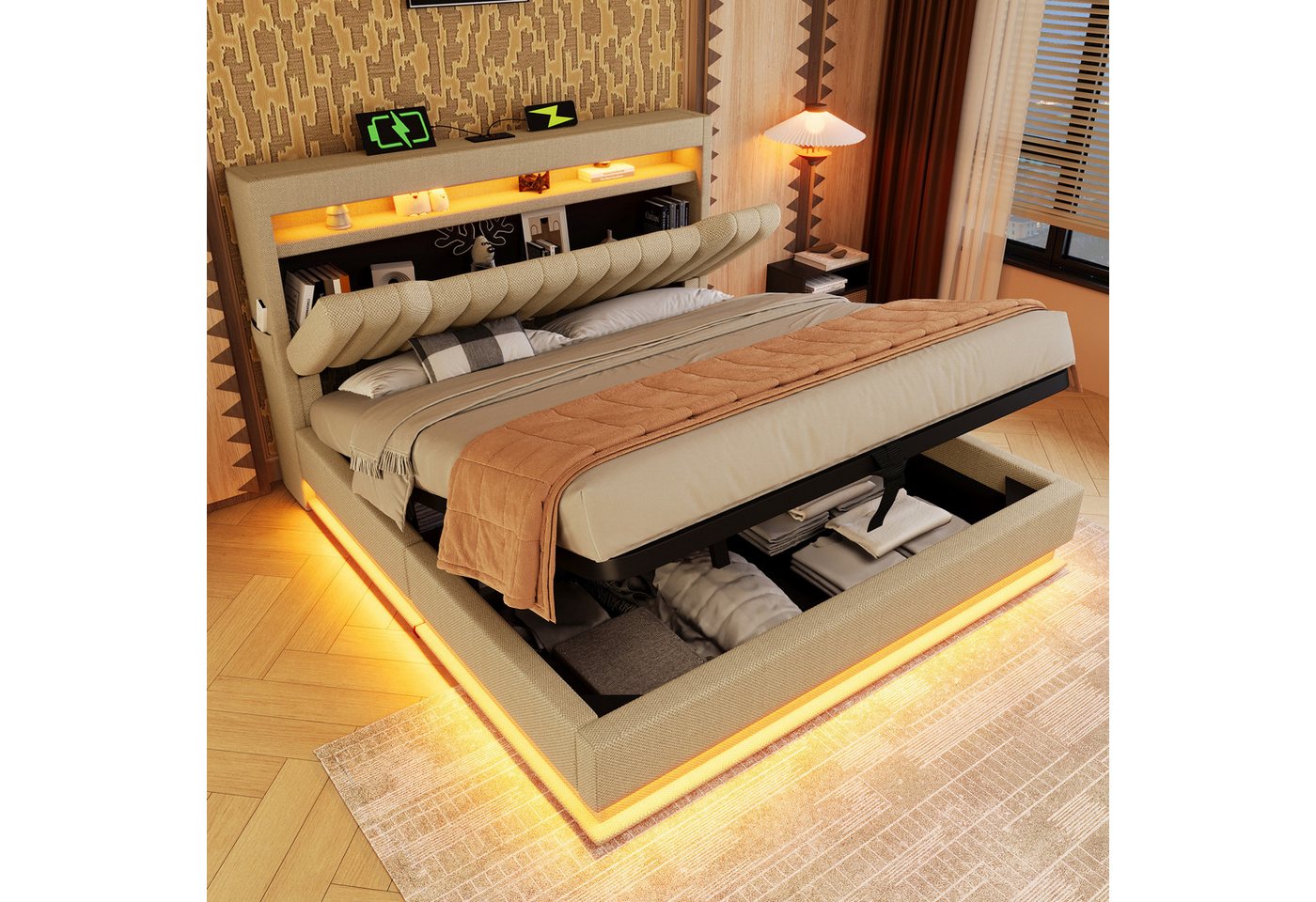 MODFU Polsterbett mit Stauraum LED Beleuchtung Ladefunktion (Struraumbett, Funktionsbett, 90x200 cm, mit Matratze (Dicke25cm), Beige), mit USB- und Typ-C-Anschlüssen, LED-Beleuchtung von MODFU