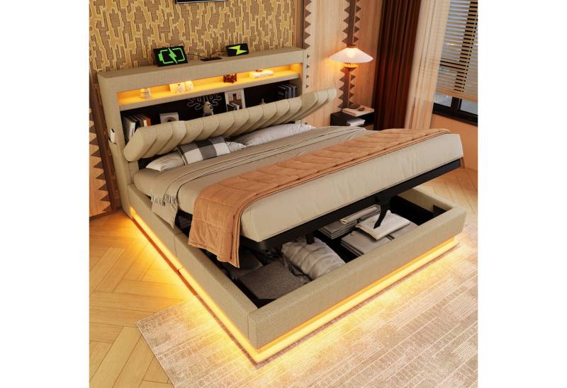 MODFU Polsterbett mit Stauraum LED Beleuchtung Ladefunktion (Struraumbett, Funktionsbett, 90x200 cm, mit Matratze (Dicke25cm), Beige), mit USB- und Typ-C-Anschlüssen, LED-Beleuchtung von MODFU