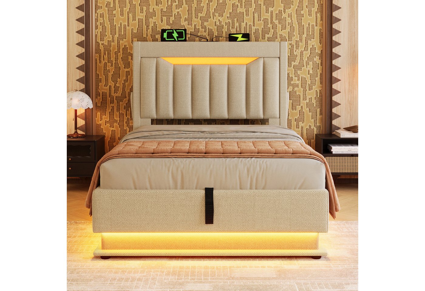 MODFU Polsterbett mit Stauraum LED Beleuchtung Ladefunktion (Struraumbett, Funktionsbett, 90x200 cm, mit Matratze (H25cm), Beige), mit USB- und Typ-C-Anschlüssen, LED-Beleuchtung von MODFU