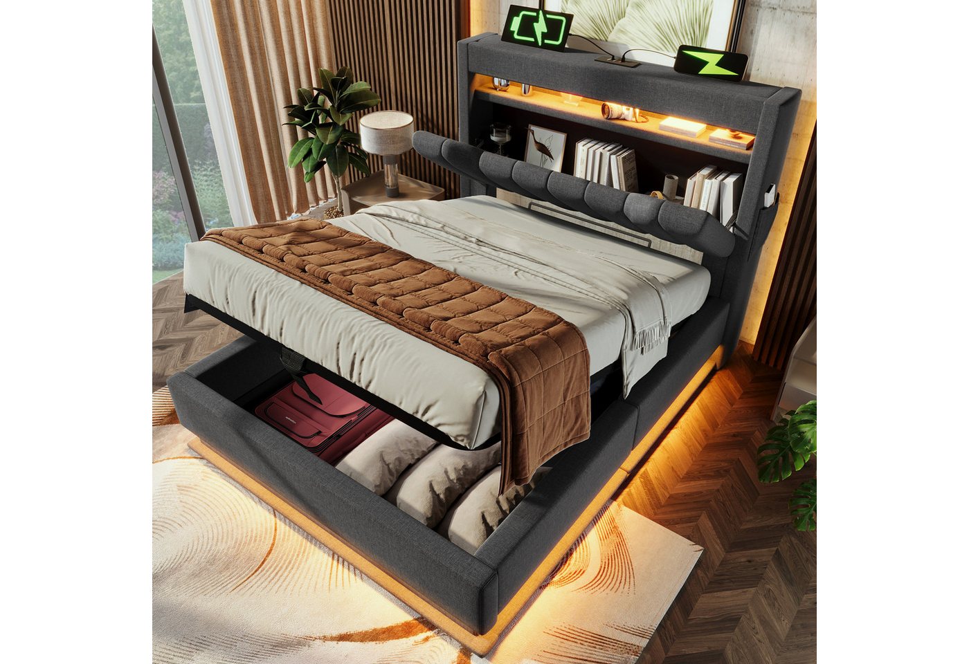 MODFU Polsterbett mit Stauraum LED Beleuchtung Ladefunktion (Struraumbett, Funktionsbett, 90x200 cm, mit Matratze (H25cm), Grau), mit USB- und Typ-C-Anschlüssen, LED-Beleuchtung von MODFU
