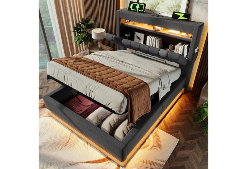 MODFU Polsterbett mit Stauraum LED Beleuchtung Ladefunktion (Struraumbett, Funktionsbett, 90x200 cm, mit Matratze (H25cm), Grau), mit USB- und Typ-C-Anschlüssen, LED-Beleuchtung von MODFU