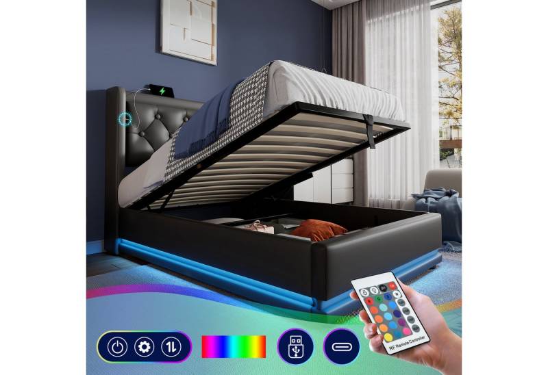 MODFU Polsterbett mit Stauraum Ladefunktion (100x210x101CM,Inklusive-Matratze(H25cm) , 2-tlg., mit hydraulischem Hebemechanismus), LED Beleuchtung 3-seitig von MODFU