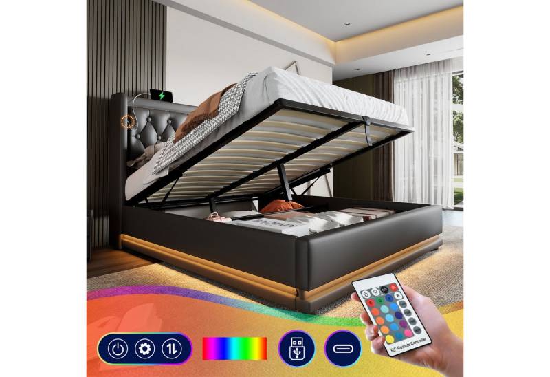MODFU Polsterbett mit Stauraum Ladefunktion (150x210x101CM,Inklusive-Matratze(H25cm) , 2-tlg., mit hydraulischem Hebemechanismus), LED Beleuchtung 3-seitig von MODFU