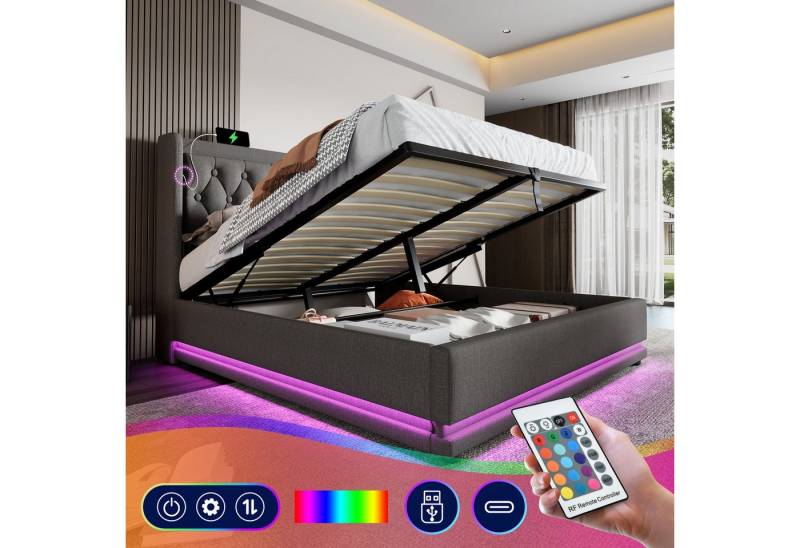 MODFU Polsterbett mit Stauraum Ladefunktion (190x210x101CM,Inklusive-Matratze(H20cm) , 1-tlg., mit hydraulischem Hebemechanismus), LED Beleuchtung 3-seitig von MODFU