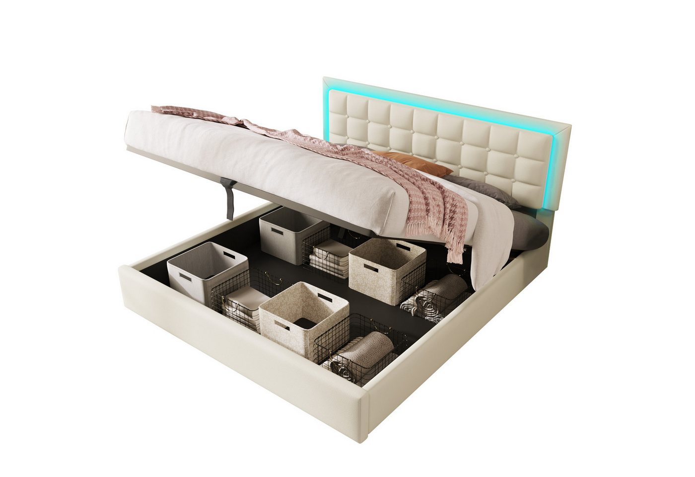 MODFU Polsterbett mit Stauraum hydraulischem Bettkasten (Funktionsbett Schlafbett Hydraulisch Bett, LED-Beleuchtungsleiste Bettgestell 140x200cm), Kopfteil höhenverstellbar, Bettgestell mit Lattenrost von MODFU