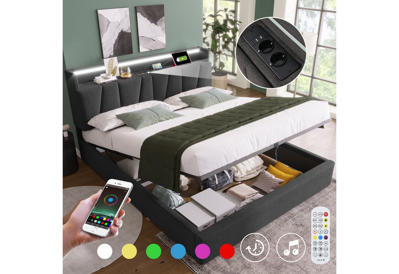MODFU Polsterbett mit Steckdosen & USB-Anschlüssen, LED-Bett mit RGBW App-Steuerung (157.5x215x100-110cm,Inklusive-Matratze(H25cm), stabilem Eisenrahmen), Bettkasten von MODFU
