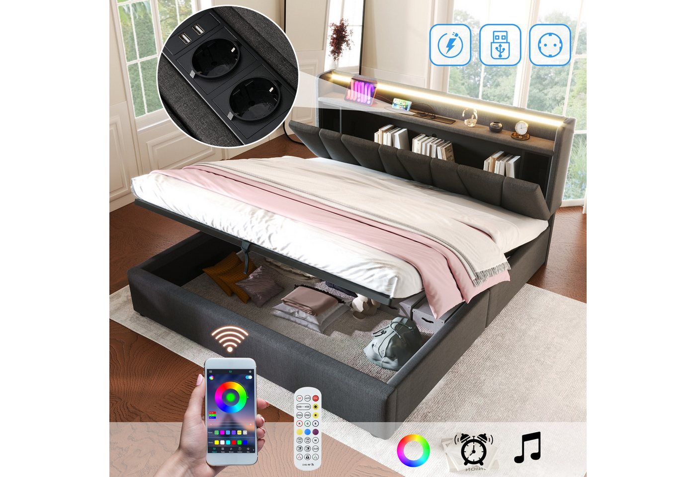 MODFU Polsterbett mit Steckdosen & USB-Anschlüssen, LED-Bett mit RGBW App-Steuerung (177.5x215x100-110cm,Inklusive-Matratze(H20cm), stabilem Eisenrahmen), Bettkasten von MODFU