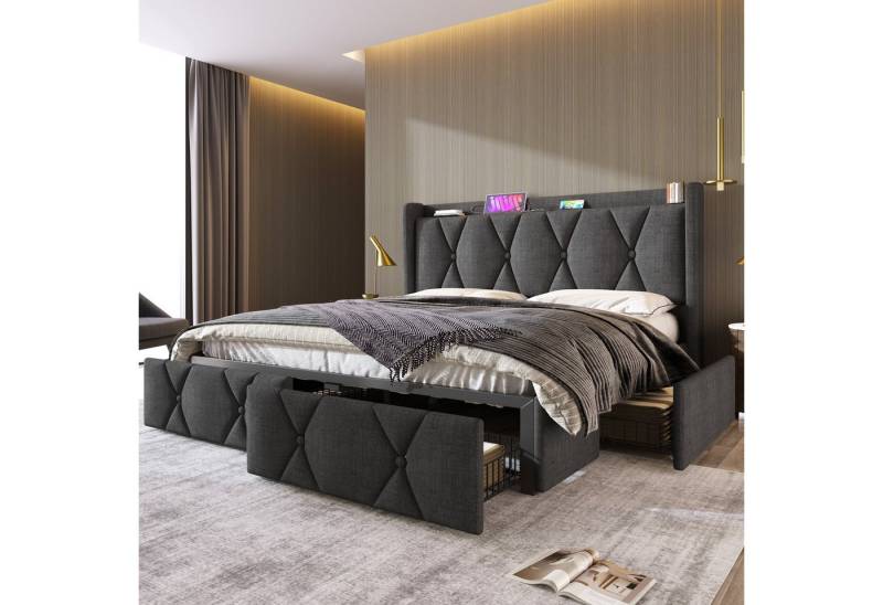 MODFU Polsterbett mit Steckdosen & USB Ladefunktion, Leinenstoff gepolstertes (169x217x116cm,Inklusive-Matratze(H20cm), mit 4 Schubladen Stauraum), mit Kopfteil im Rauten-Design von MODFU