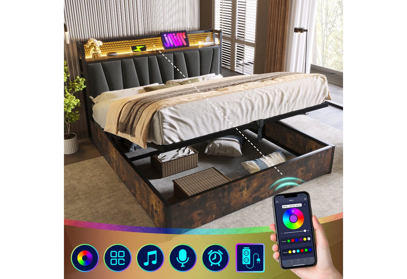 MODFU Polsterbett mit USB Anschlüssen & Steckdosen, modernes Bettgestell (186x222x99(BxLxH),Ohne Matratze, RGBW App-Control Beleuchtung), mit Gasdruckfeder von MODFU