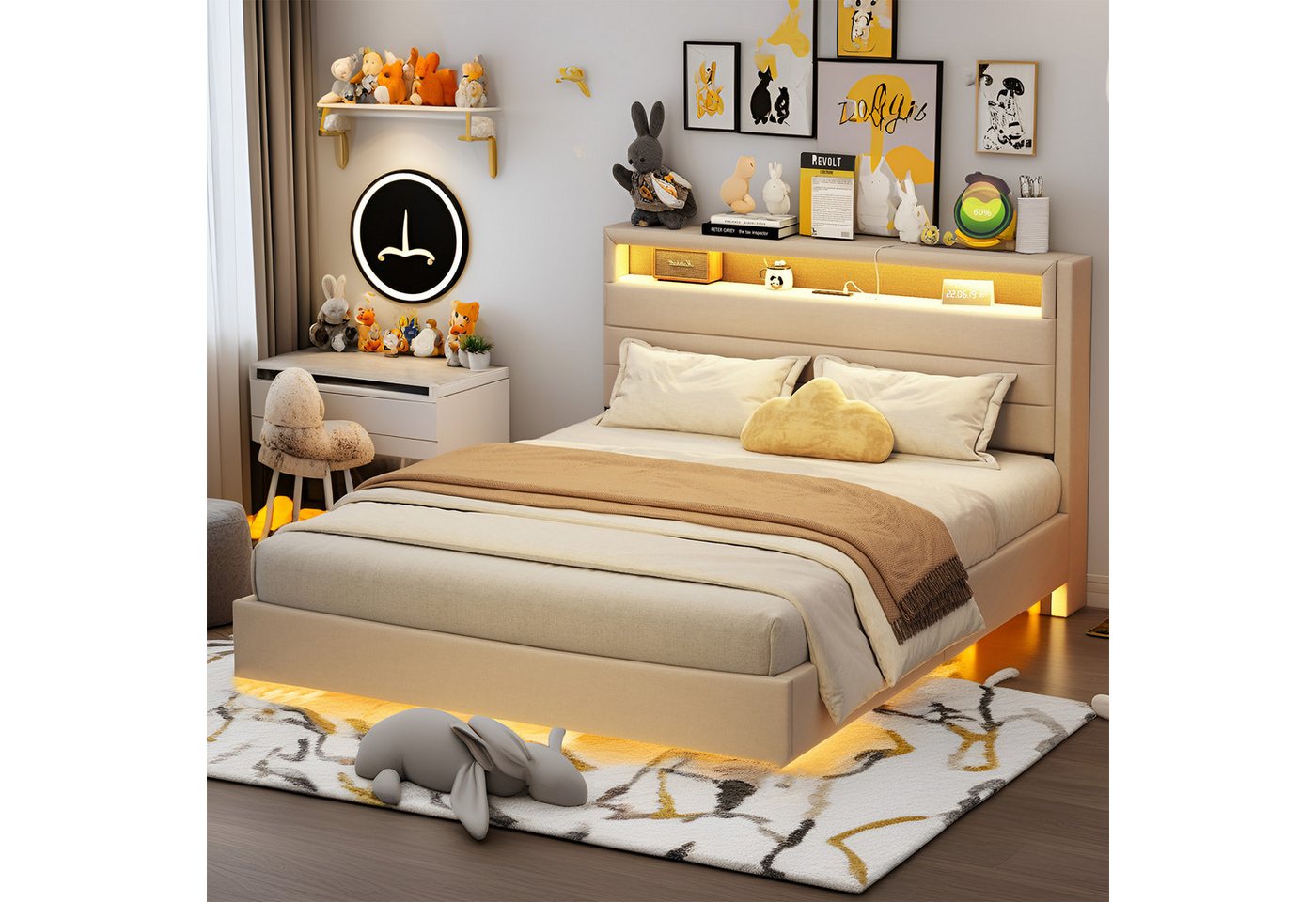 MODFU Polsterbett mit USB-Anschluss & LED-Beleuchtung (Funktionsbett mit Wendes Kopfteil mit Stauraum, verdecktes Fußteil, Leinenstoff 140x200 cm), Inklusive Matratze von MODFU