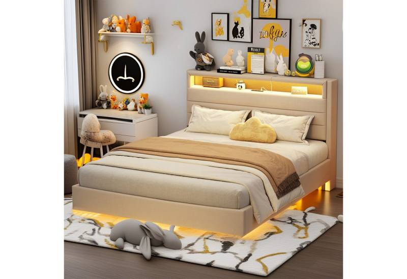 MODFU Polsterbett mit USB-Anschluss & LED-Beleuchtung (Funktionsbett mit Wendes Kopfteil mit Stauraum, verdecktes Fußteil, Leinenstoff 140x200 cm), Inklusive Matratze von MODFU