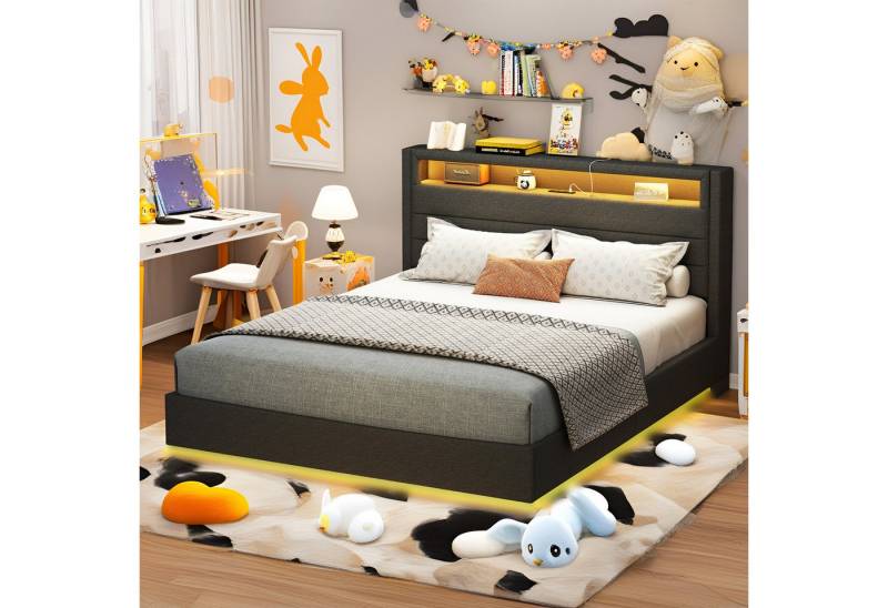 MODFU Polsterbett mit USB-Anschluss & LED-Beleuchtung (Funktionsbett mit Wendes Kopfteil mit Stauraum, verdecktes Fußteil, Leinenstoff 140x200 cm), Inklusive Matratze von MODFU