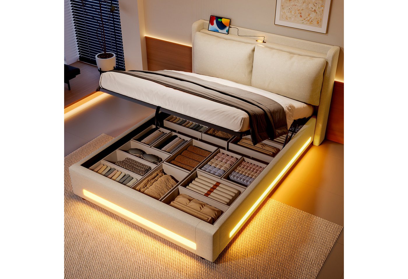 MODFU Polsterbett mit USB-C-Ladeanschluss und modernem Kopfteil (Stauraumbett mit LED-Ambientebeleuchtung, praktischem Stauraum, Doppelbett, Samt 140x200 cm), Inklusive Matratze von MODFU