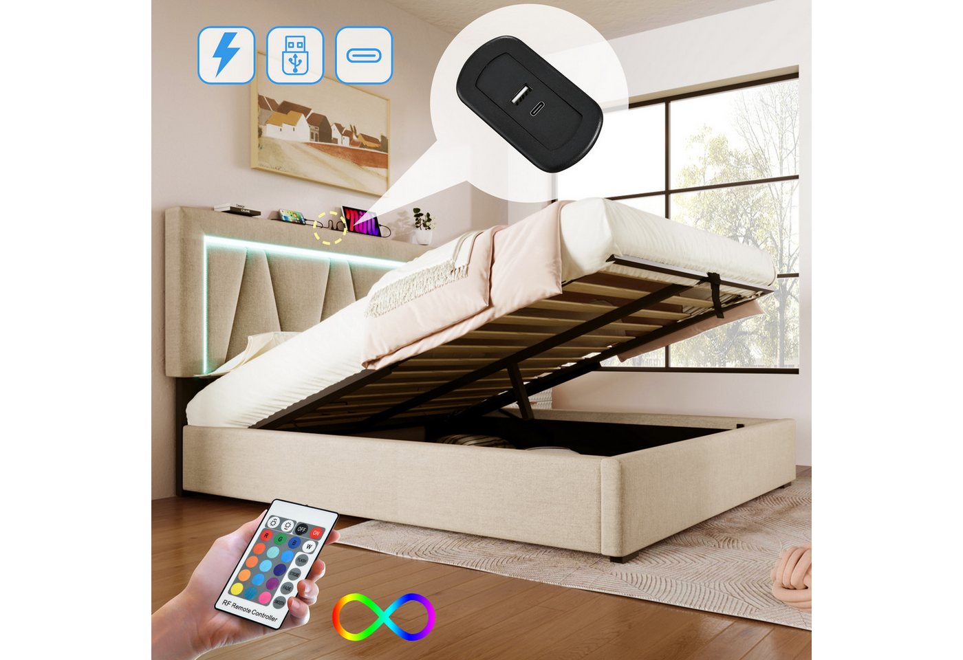 MODFU Polsterbett mit USB & Typ-C Ladeanschluss, LED Beleuchtung (146.5x208x90.5-110.5cm,Ohne Matratze, mit Gasdruckfeder), LED Beleuchtung mit Fernbedienung von MODFU