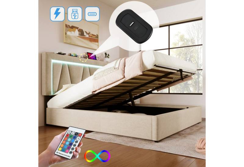 MODFU Polsterbett mit USB & Typ-C Ladeanschluss, LED Beleuchtung (166.5x208x90.5-110.5cm,Ohne Matratze, mit Gasdruckfeder), LED Beleuchtung mit Fernbedienung von MODFU