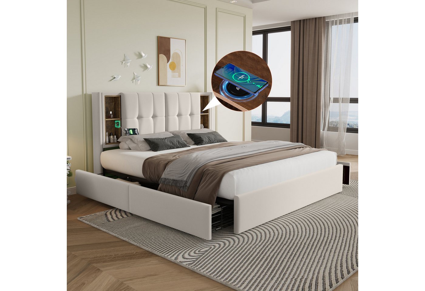 MODFU Polsterbett mit Zierknöpfen, 4 Schubladen auf Rollen für Stauraum (165x213x103cm(BxLxH),Inklusive-Matratze(H25cm) , mit Leinenbezug), mit kabelloser Ladefunktion von MODFU