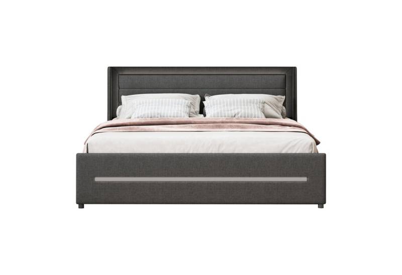 MODFU Polsterbett mit farbwechselnder LED-Beleuchtung, mit vier Ablagefächern (Doppelflachbett mit Lattenrost 160*200 cm), ohne Matratze von MODFU