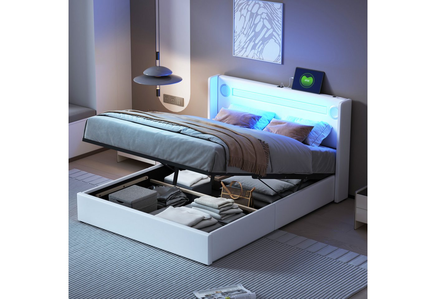 MODFU Polsterbett mit großem Stauraum (Stauraumbett mit LED-Lichtleiste & Bluetooth-Player, Kunstleder 140x200 cm), Inklusive Matratze von MODFU