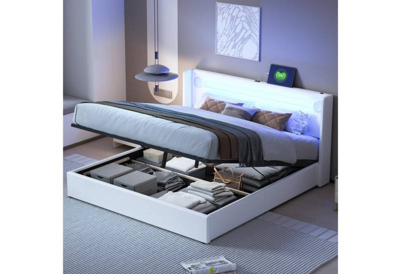 MODFU Polsterbett mit großem Stauraum (Stauraumbett mit LED-Lichtleiste & Bluetooth-Player, Kunstleder 160x200 cm), Inklusive Matratze von MODFU