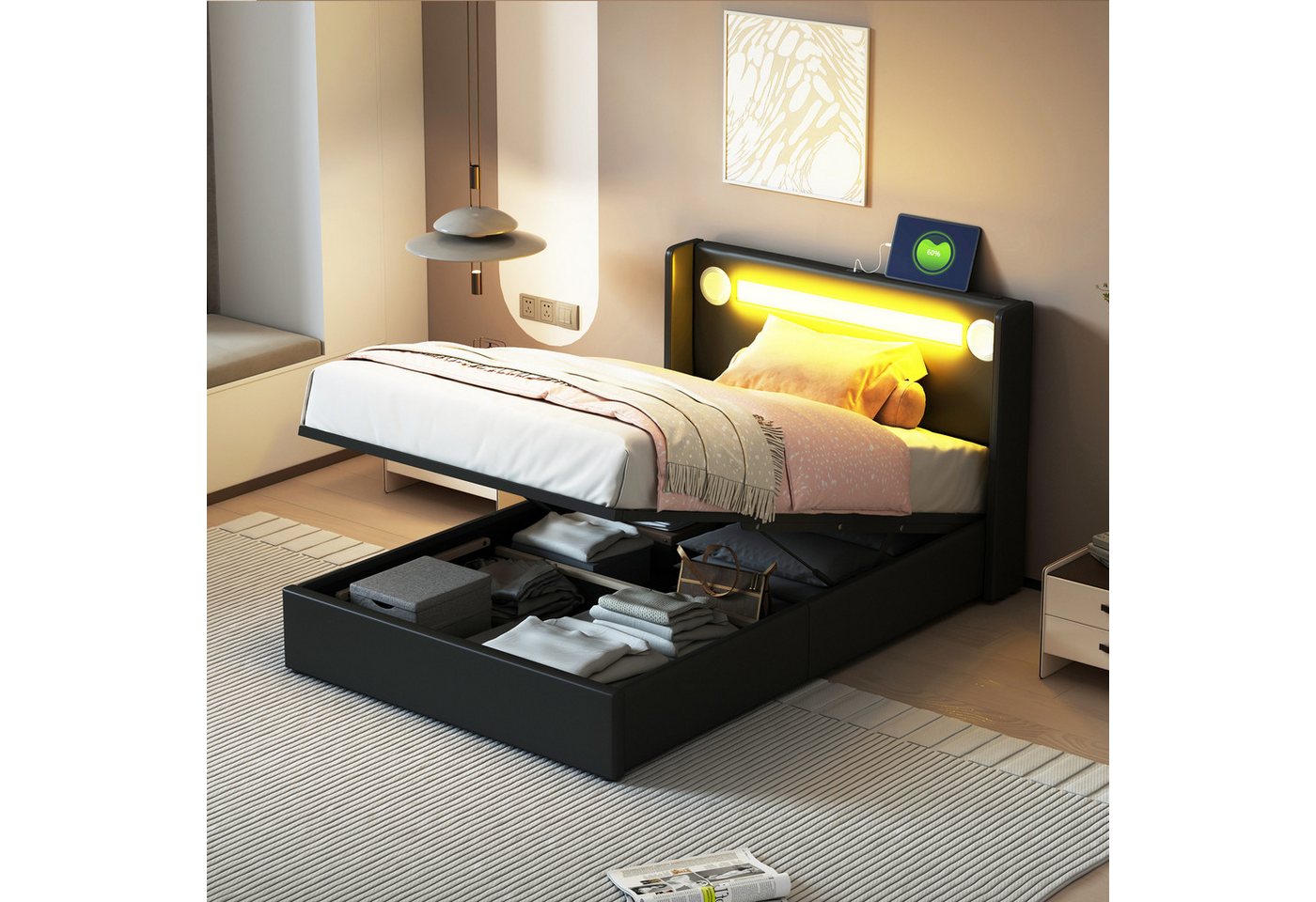 MODFU Polsterbett mit großem Stauraum (Stauraumbett mit LED-Lichtleiste & Bluetooth-Player, Kunstleder 90x200 cm), Inklusive Matratze von MODFU