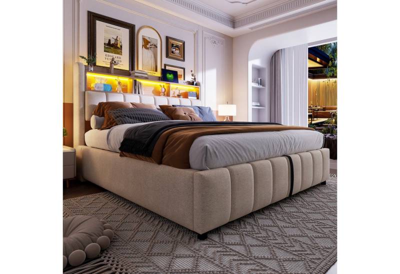 MODFU Polsterbett mit hydraulischem Bettkasten (mit LED-Beleuchtung Farbwechsel, USB- und Typ-C-Anschlüssen, 180 x 200 cm), ohne Matratze von MODFU