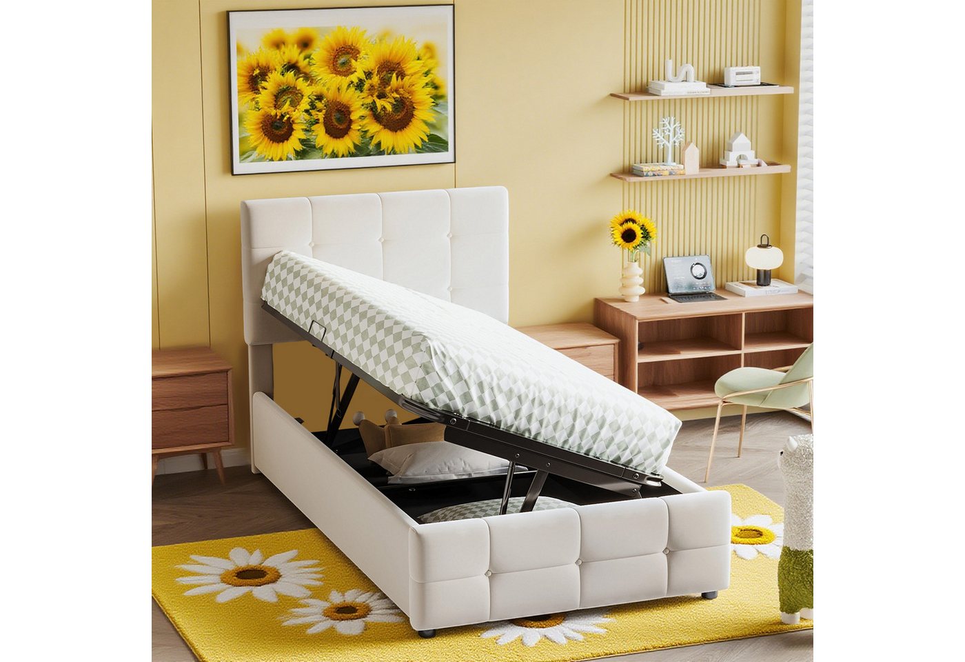 MODFU Polsterbett mit hydraulischem Stauraum (Kinderbett mit höhenverstellbarem Kopfteil & Samtstoff, 90 x 200 cm), ohne Matratze von MODFU