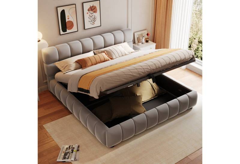 MODFU Polsterbett mit hydraulischem Stauraum (Stauraumbett mit Lattenrost, 140x200 cm Doppelbett, Samtstoff), ohne Matratze von MODFU
