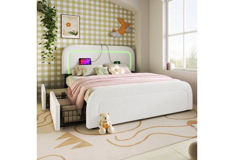 MODFU Polsterbett mit led und Kunst-Sherpa-Bezug, geschwungenem Kopf- & Fußteil (170x208x102.5-112.5cm(BxLxH),Ohne Matratze, mit Komfortpolsterung), zwei flexiblen Schubladen von MODFU