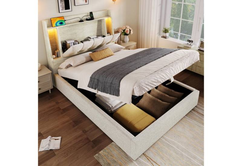 MODFU Polsterbett mit multifunktionalem Stauraum, LED-Beleuchtung (Einzelbett mit USB Typ-C Anschluss, Flip-Top-Fach und Smart-App-Bedienung, Stauraumbett 90x200 cm), Inklusive Matratze von MODFU