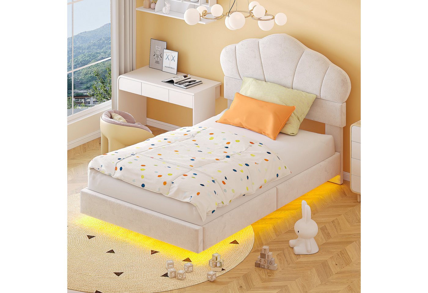 MODFU Polsterbett mit umlaufender LED-Leiste, Wolkenförmiges Kopfteil (Verdecktes Fußteil-Design, Doppelbett Jugendbett, Samtstoff), ohne Matratze, 90x200 cm von MODFU