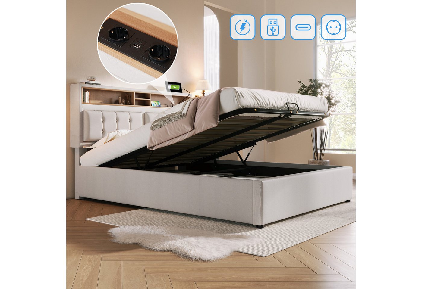 MODFU Polsterbett mit verstellbarem Kopfteil, integriertem USB- & Typ-C-Anschluss (143x204x92-104CM,Inklusive-Matratze(H20cm), großem Stauraum), Lattenrost von MODFU