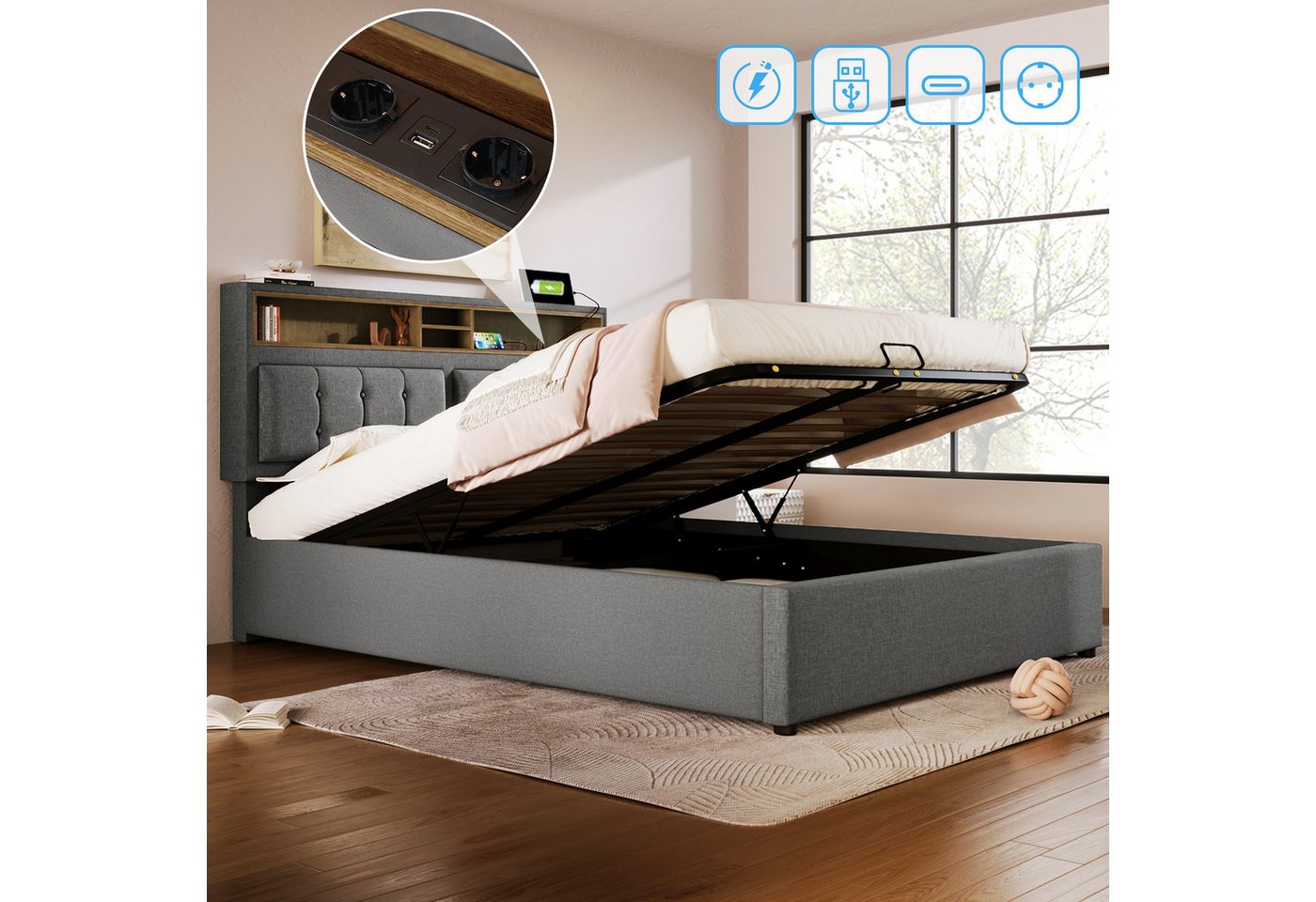 MODFU Polsterbett mit verstellbarem Kopfteil, integriertem USB- & Typ-C-Anschluss (143x204x92-104CM,ohne-Matratze, großem Stauraum), Lattenrost von MODFU